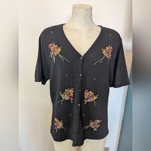 Vintage Black Cottagecore  Embroidered Floral Cardigan Sweater Women L